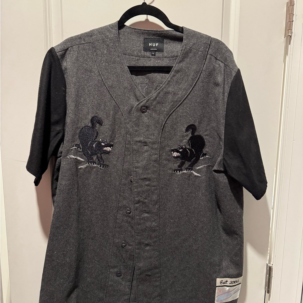 HUF Charcoal and Black Embroidered Baseball Jersey Shirt